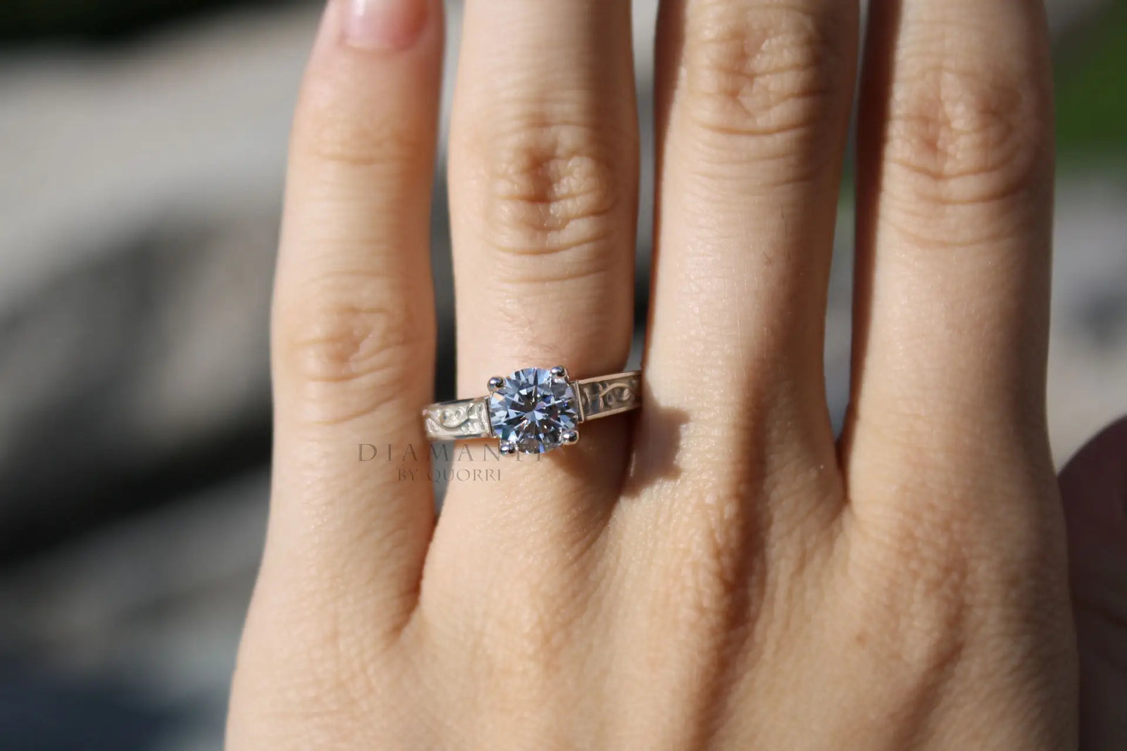 3 carat 14k white antique rose motif round lab diamond engagement ring