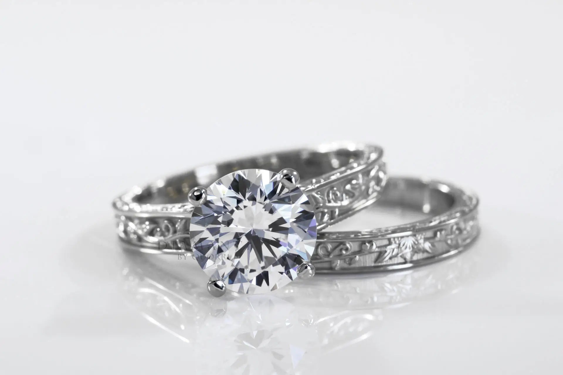 antique rose motif round lab diamond engagement ring and wedding band