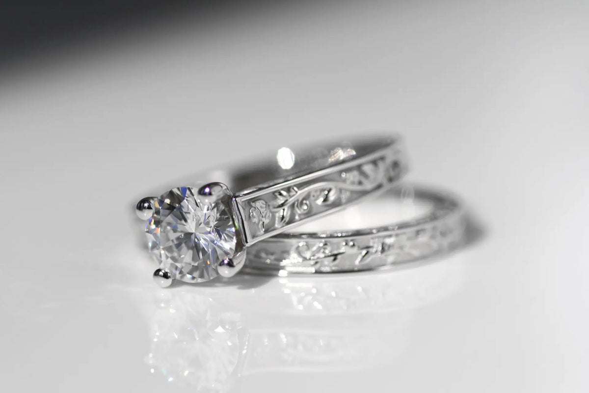 white gold antique rose motif round lab diamond engagement ring set