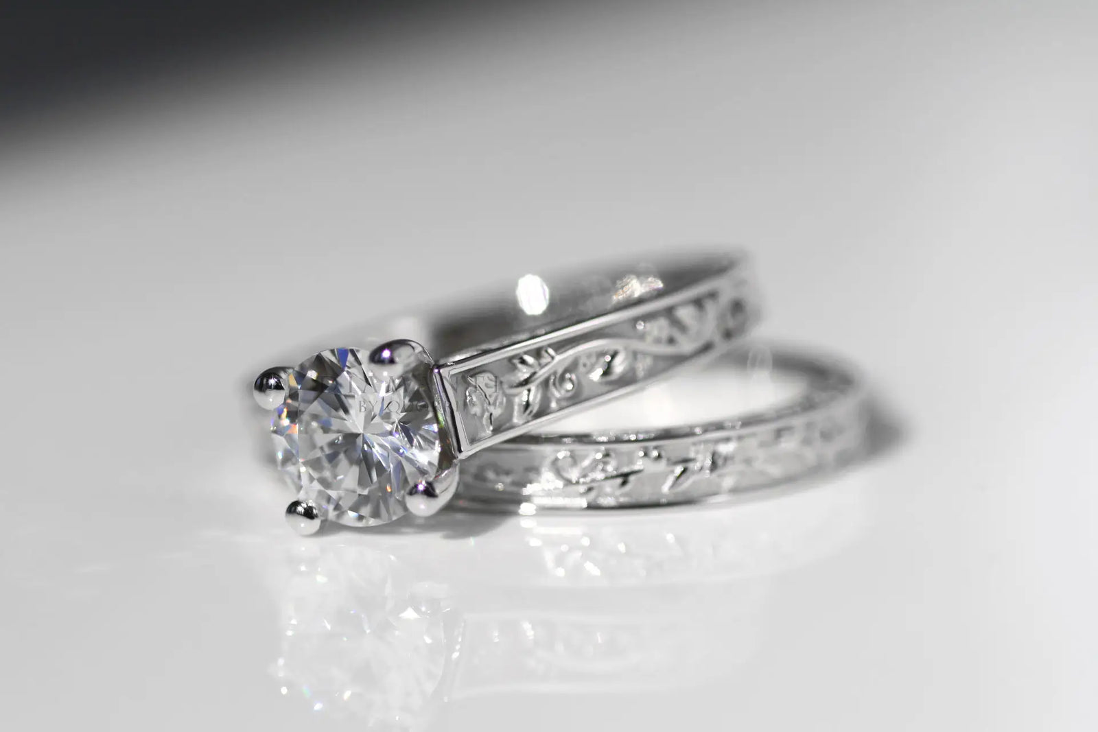 white gold antique rose motif round lab diamond engagement ring set