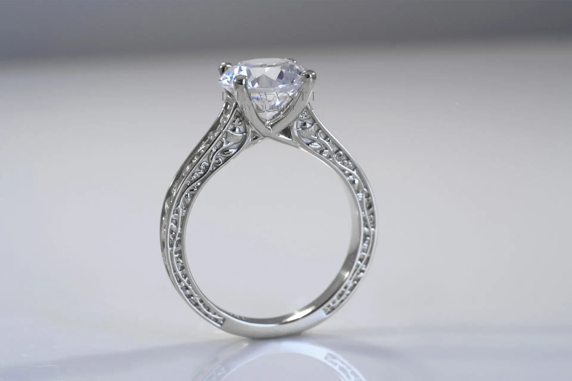 antique rose motif round lab grown diamond engagement ring