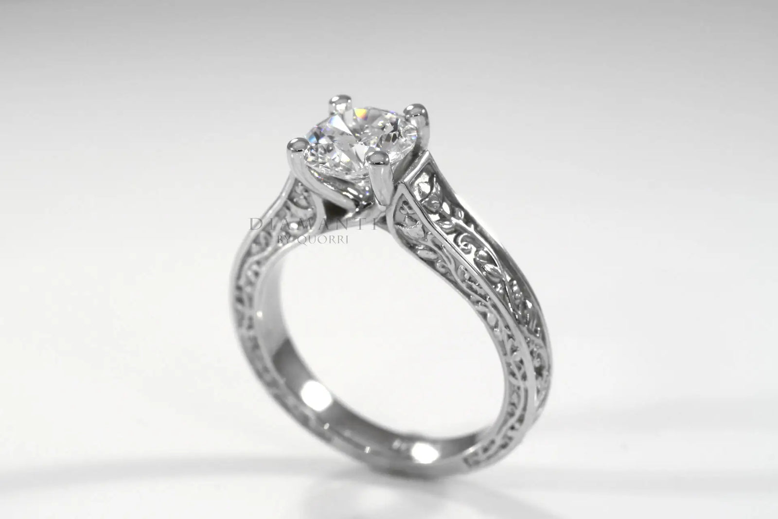 antique rose motif round lab grown diamond engagement ring