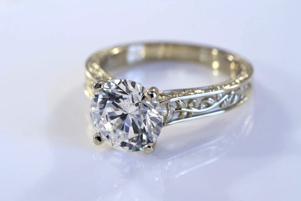 yellow gold antique rose motif round lab diamond engagement ring Quorri
