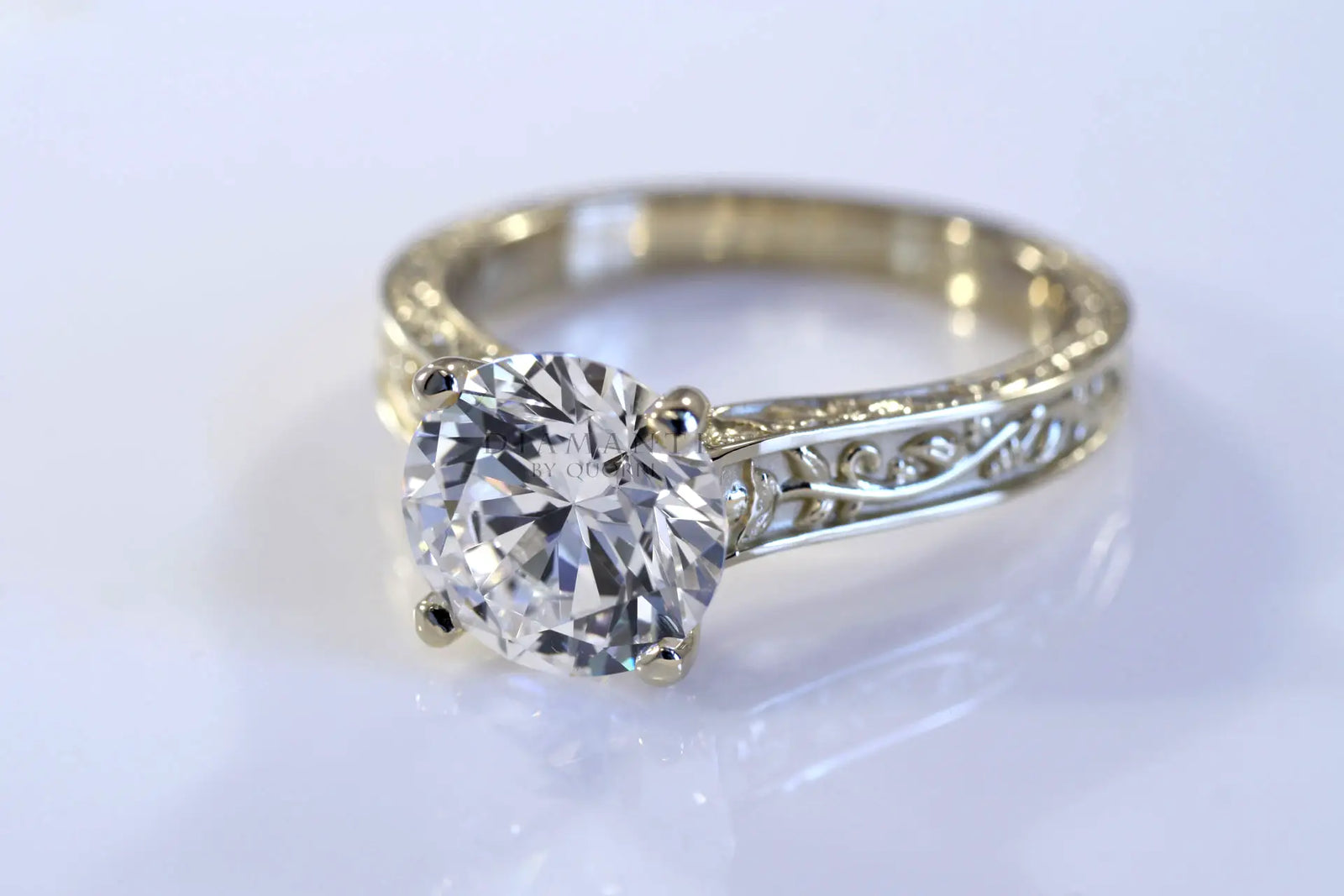 yellow gold antique rose motif round lab diamond engagement ring Quorri