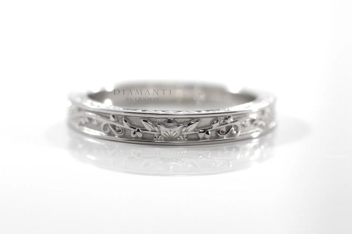 white gold hand engraved rose motif wedding band Quorri