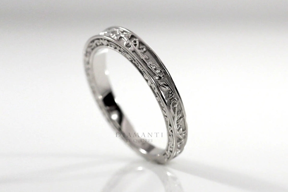 designer 18k white gold hand engraved rose motif wedding band Quorri