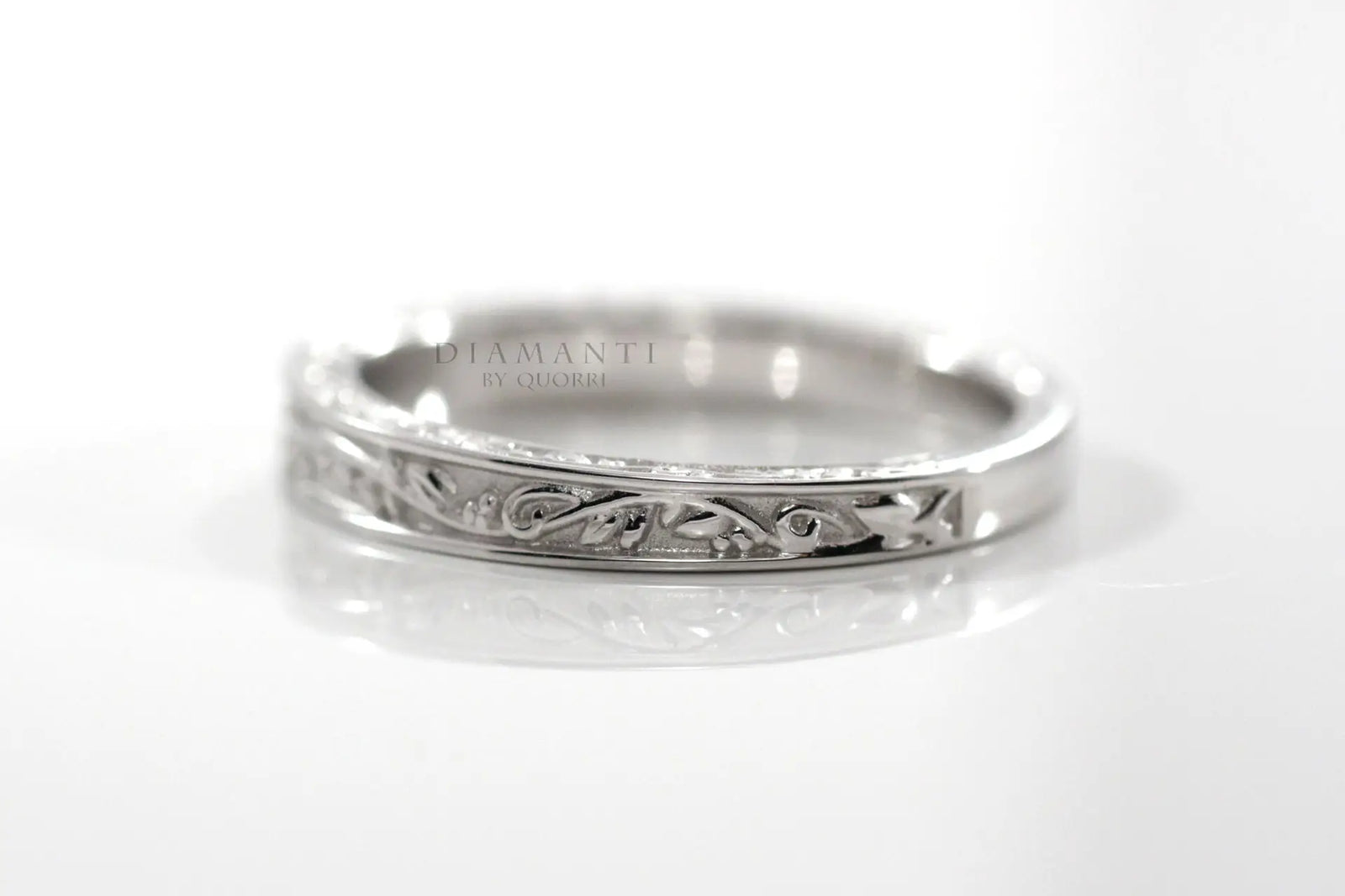 designer 14k white gold hand engraved rose motif wedding band Quorri