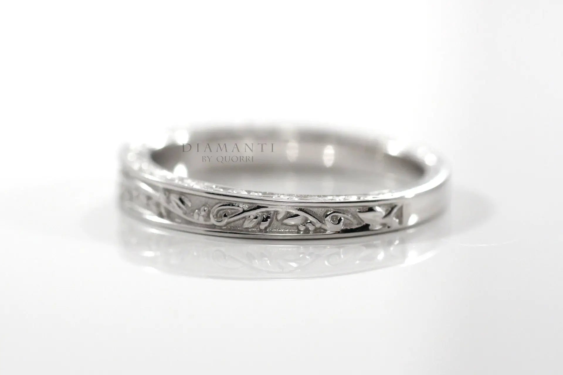 designer 14k white gold hand engraved rose motif wedding band Quorri