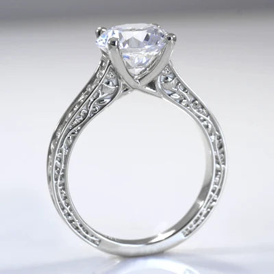 Juliet rose engraved white gold round lab diamond engagement ring - Quorri