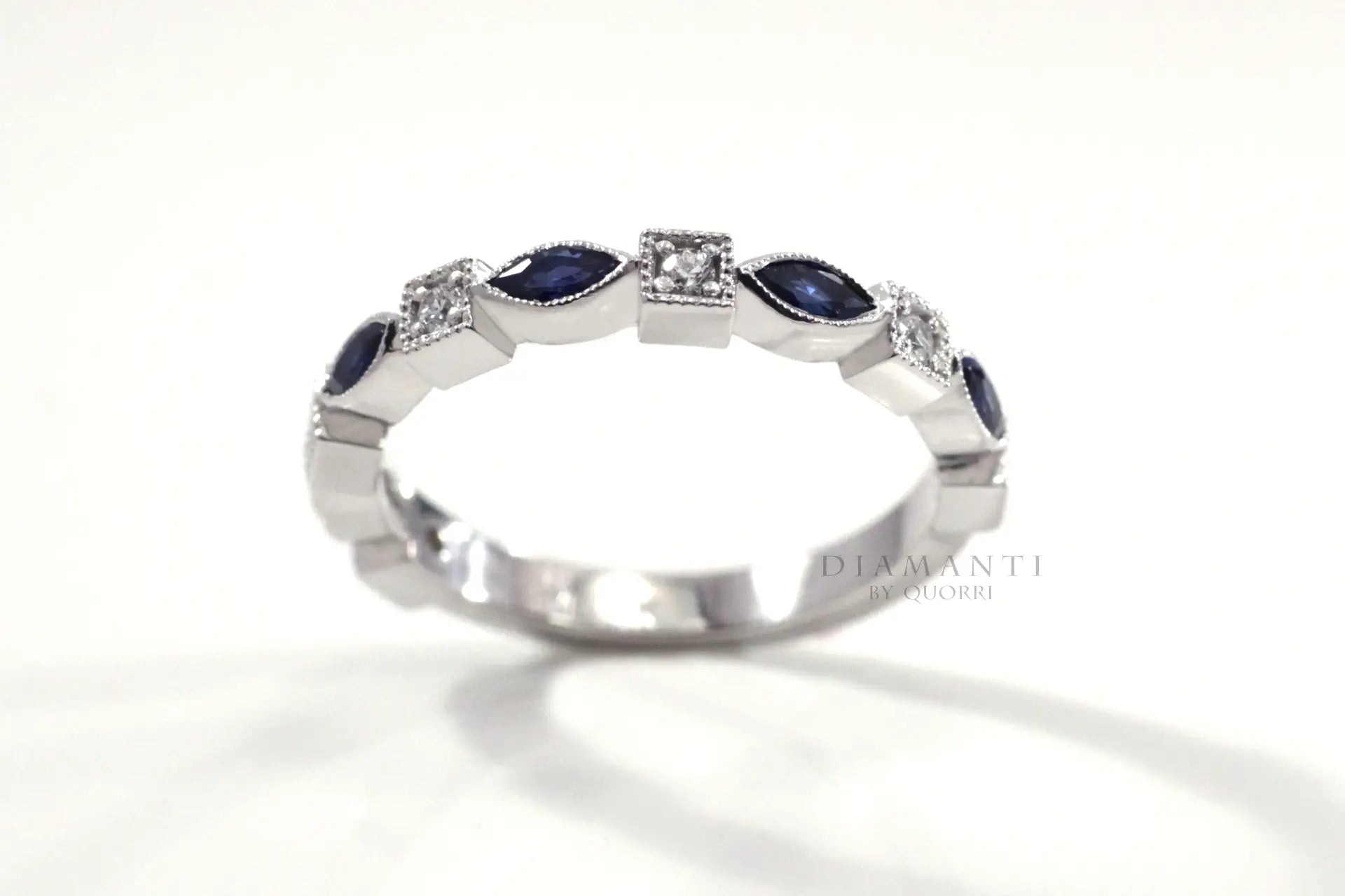 designer 18k white gold blue marquise sapphires and round lab diamond wedding ring Quorri Canada