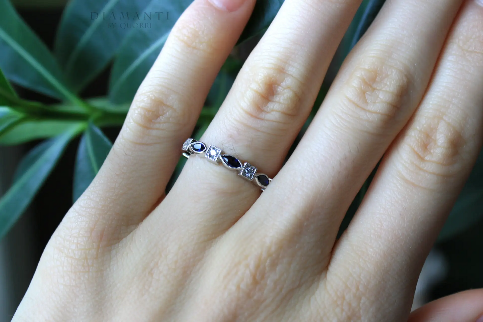 designer 14k white gold blue marquise sapphire and round lab grown diamond wedding ring Quorri Canada