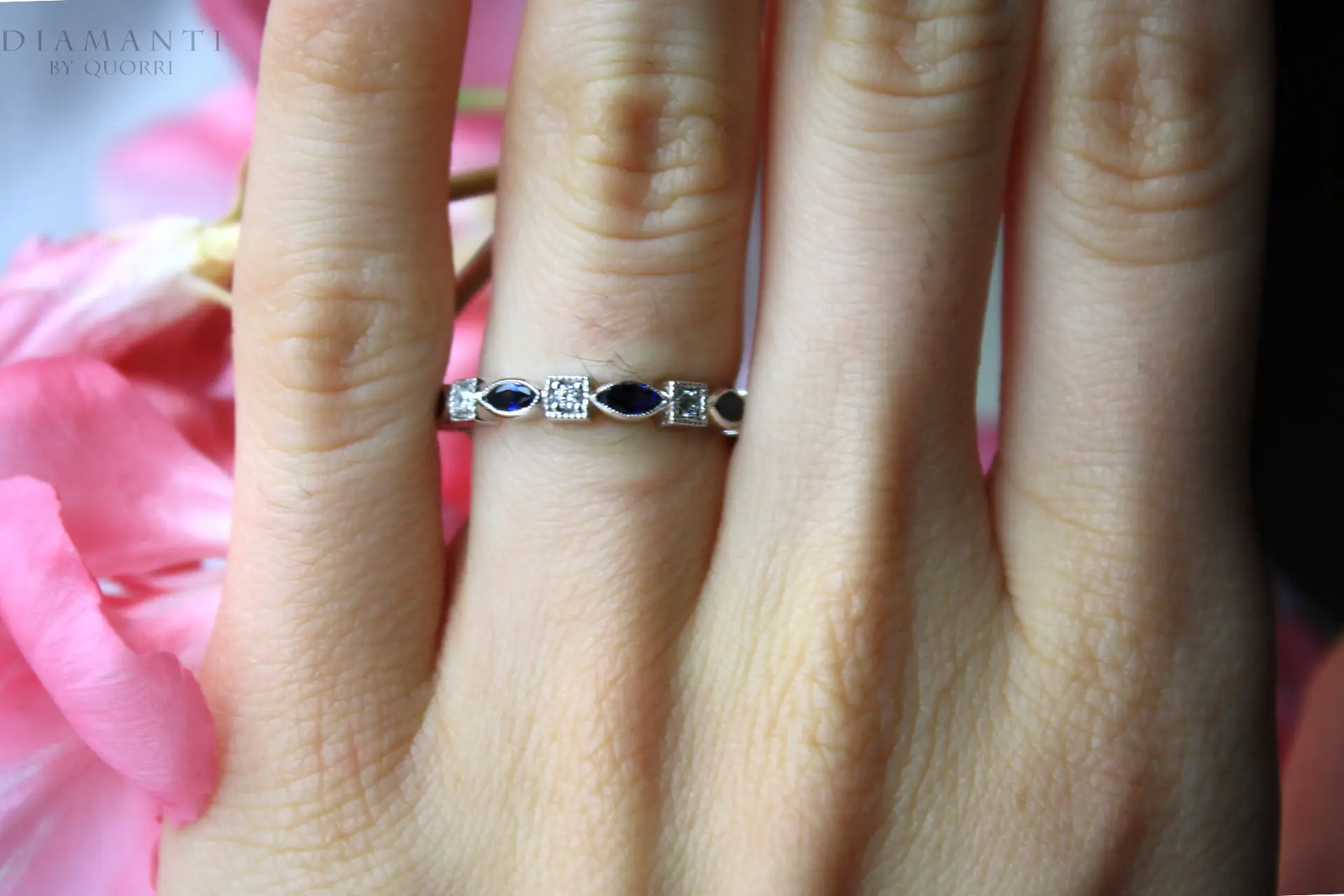 designer platinum blue marquise sapphire and round brilliant diamond wedding ring Quorri Canada