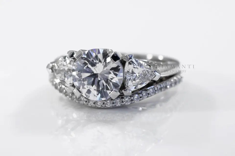 18k white gold affordable hand engraved round accented lab diamond wedding ring and band Quorri