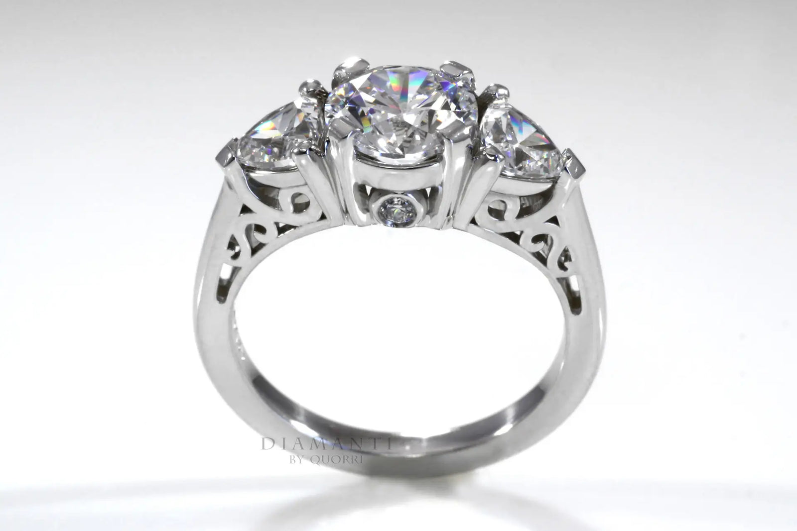 3 stone trilogy 2ct round and trillion lab grown diamond engagement ring