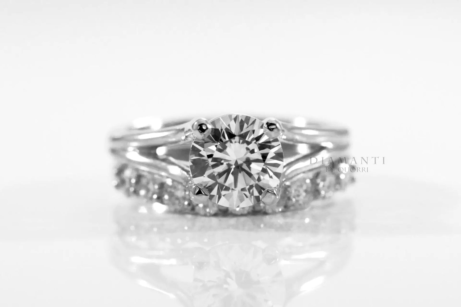 split shank white gold 2ct round lab grown diamond engagement ring and band Quorri