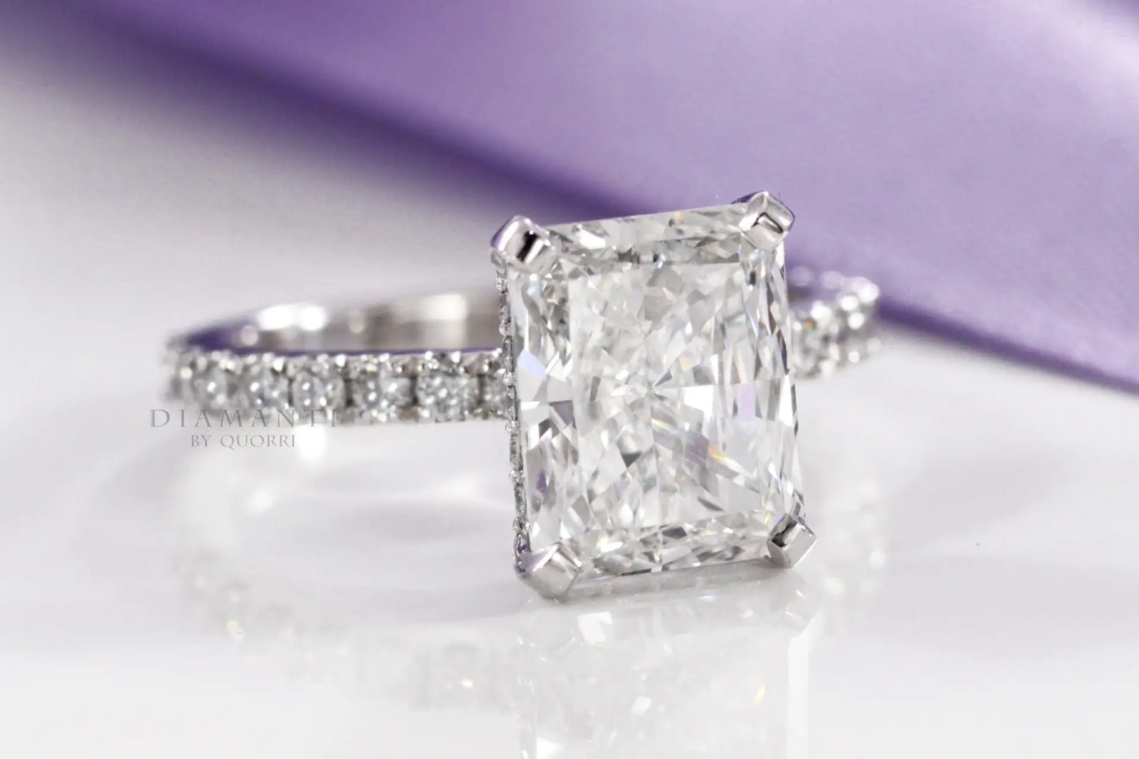 3.5 carat white gold nder-halo accented radiant lab grown diamond engagement ring Quorri