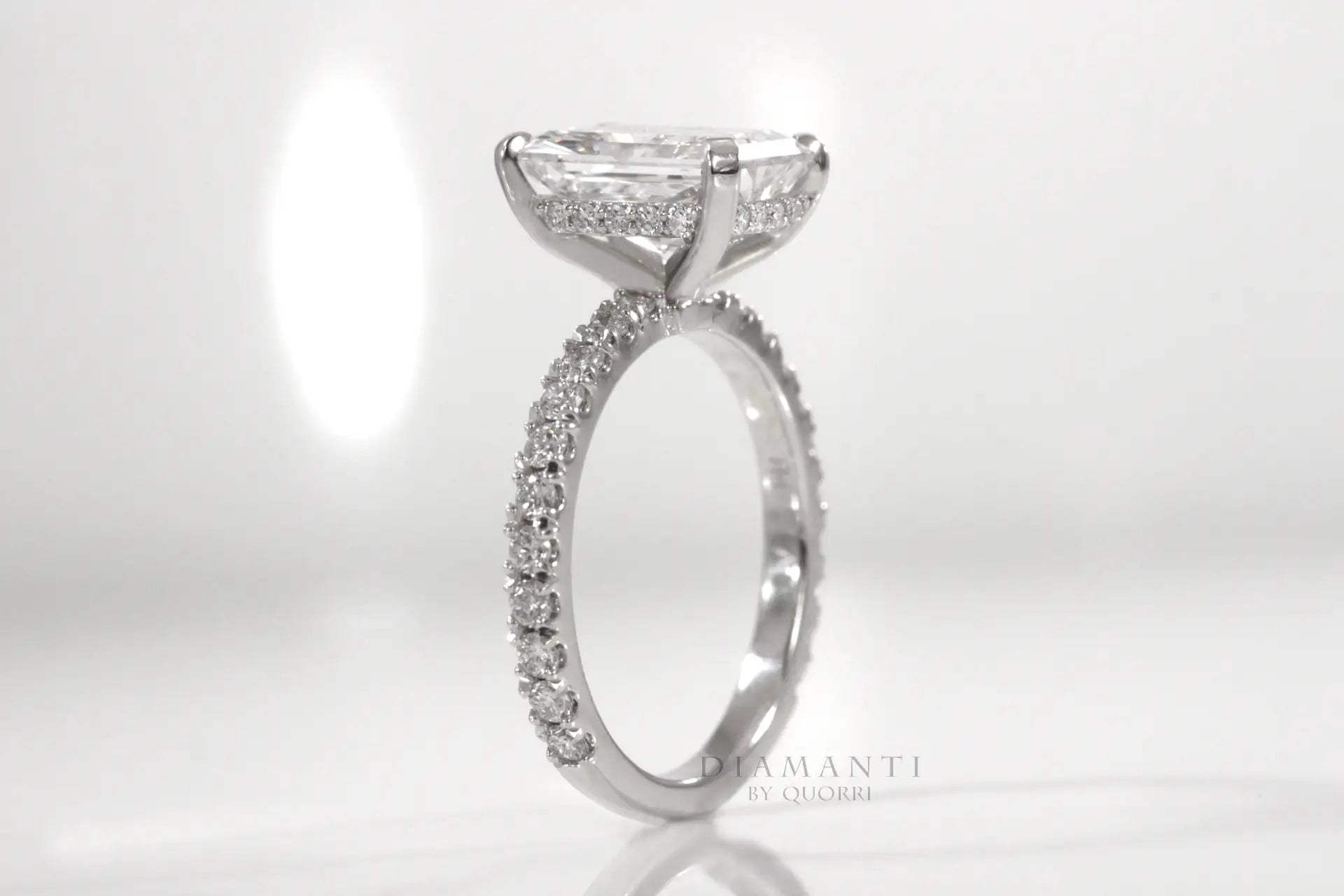 3.5 carat white gold nder-halo accented radiant lab grown diamond engagement ring Quorri
