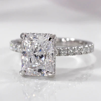 Kinsley 18k white gold 3 carat radiant lab diamond under-halo solitaire engagement ring at Quorri
