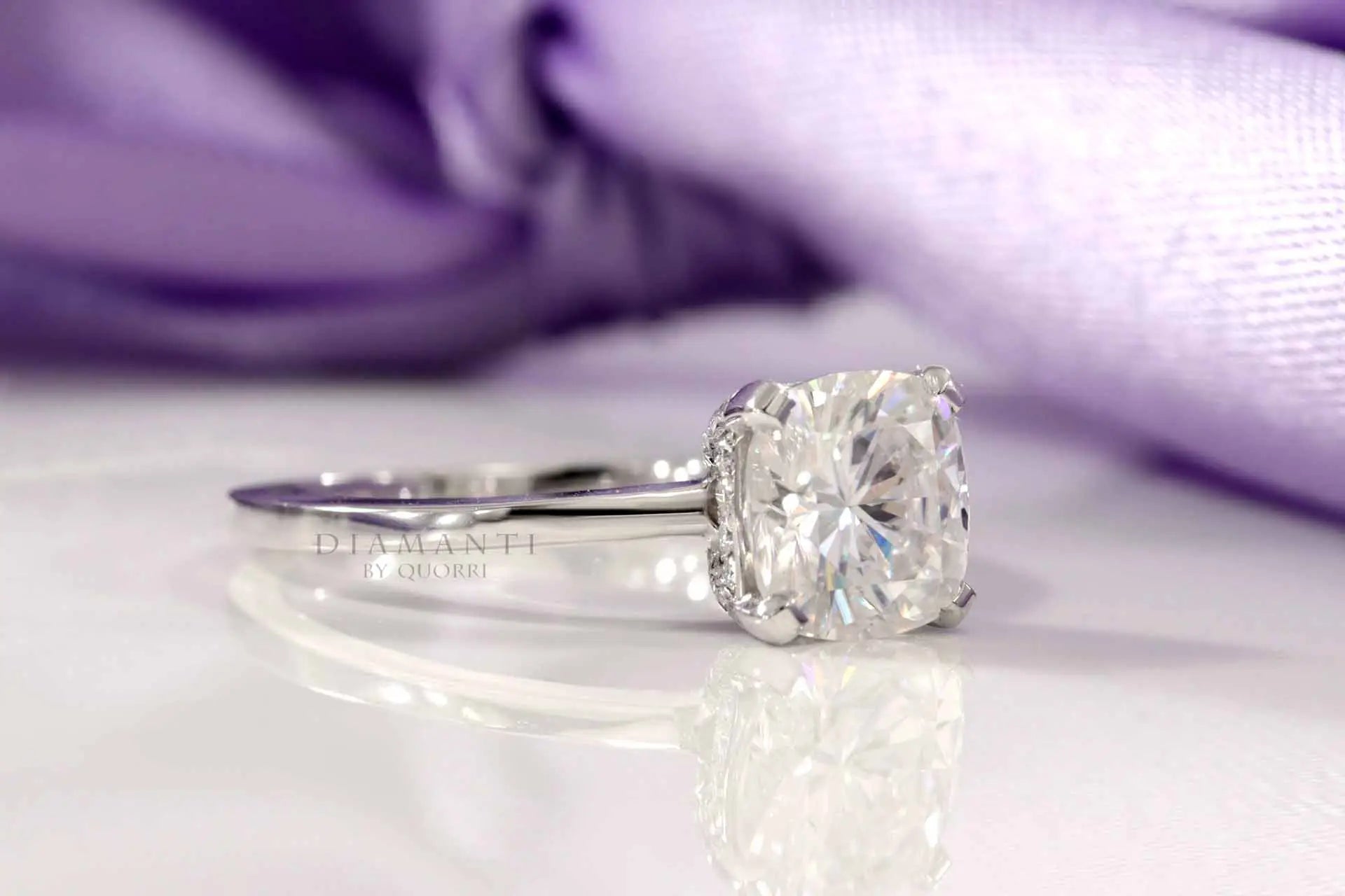 14k white gold accented under halo 2ct cushion lab diamond engagement ring