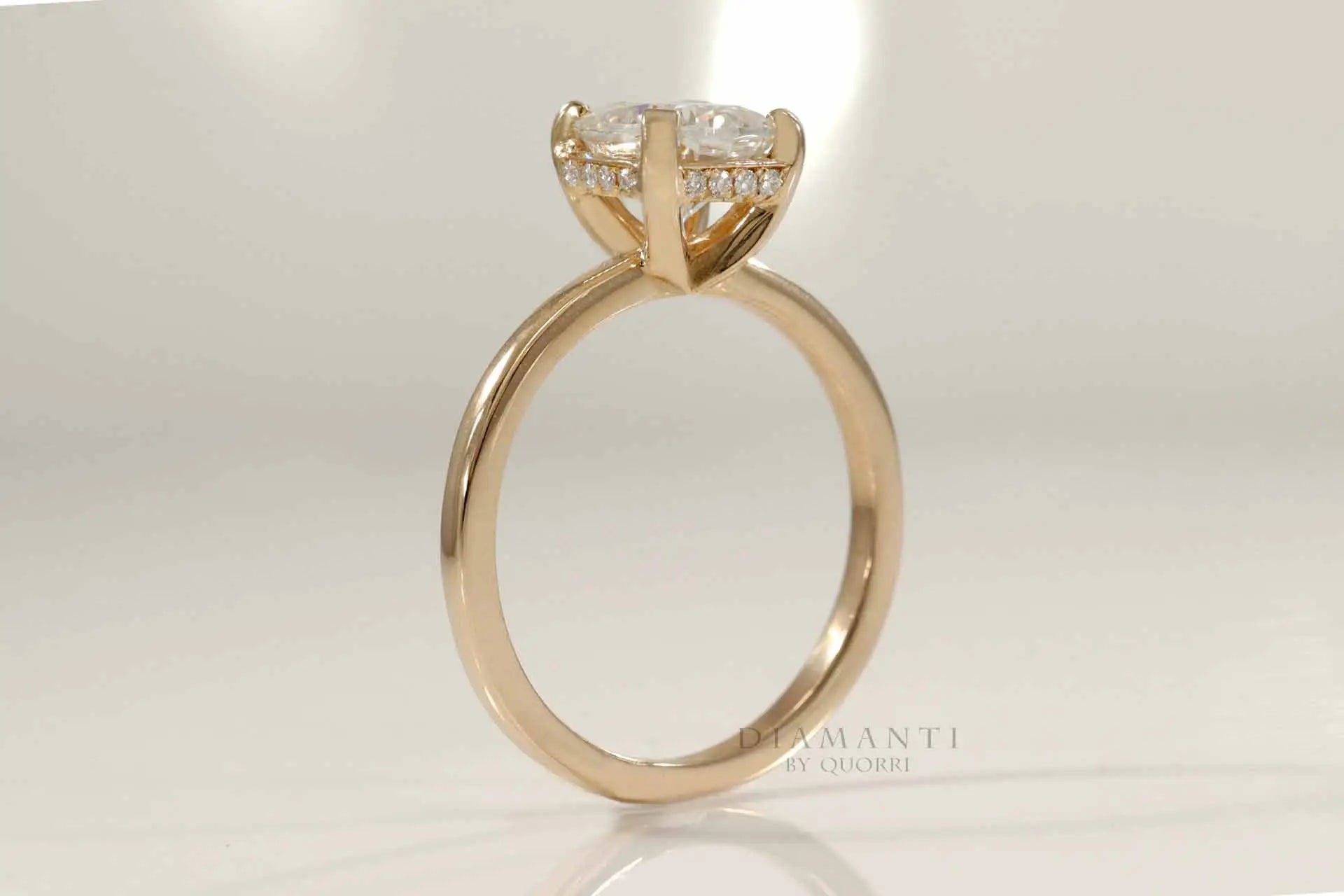 yellow gold 4 prong accented under halo 2ct cushion lab grown diamond engagement ring
