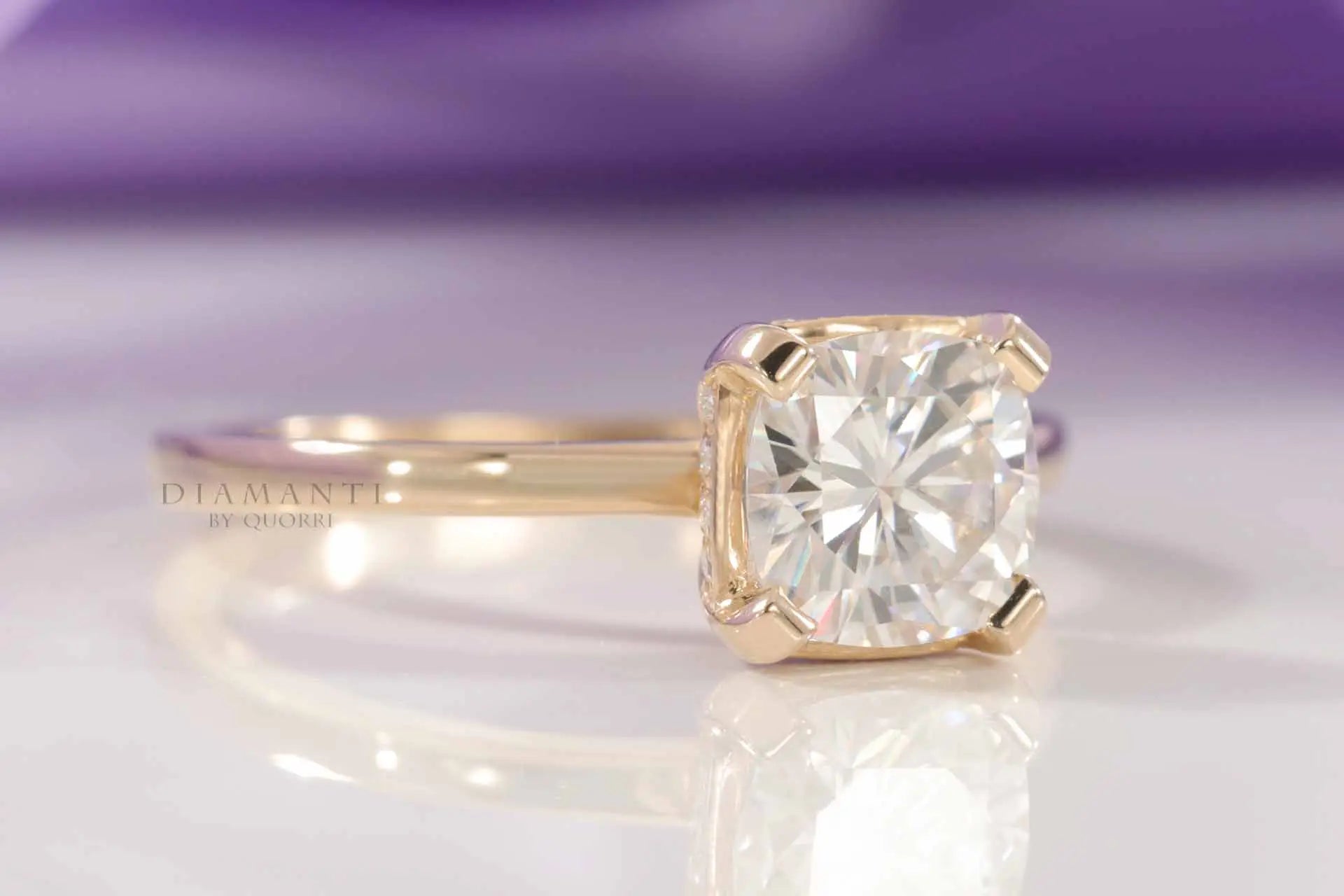 yellow gold 4 prong accented under halo 2ct cushion lab grown diamond engagement ring