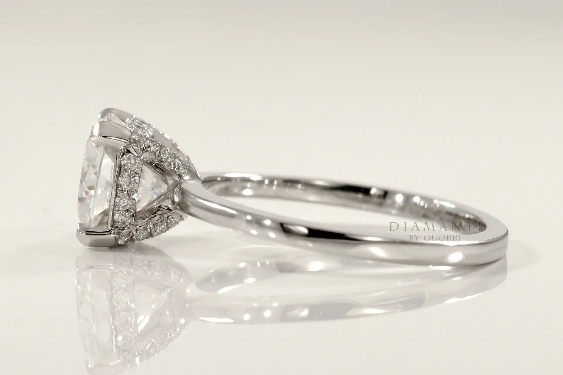 designer accented basket cushion lab diamond engagement ring Quorri