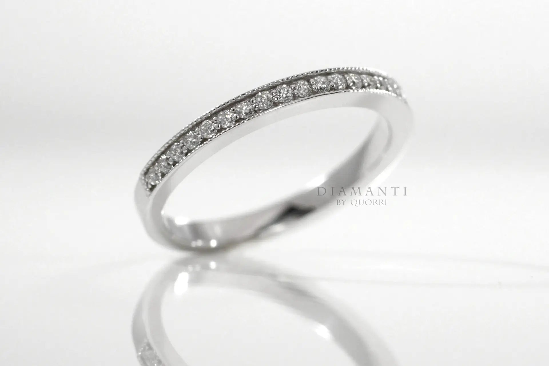 18k white gold vintage designer hand scrolled 2 carat lab grown diamond wedding band Quorri Canada