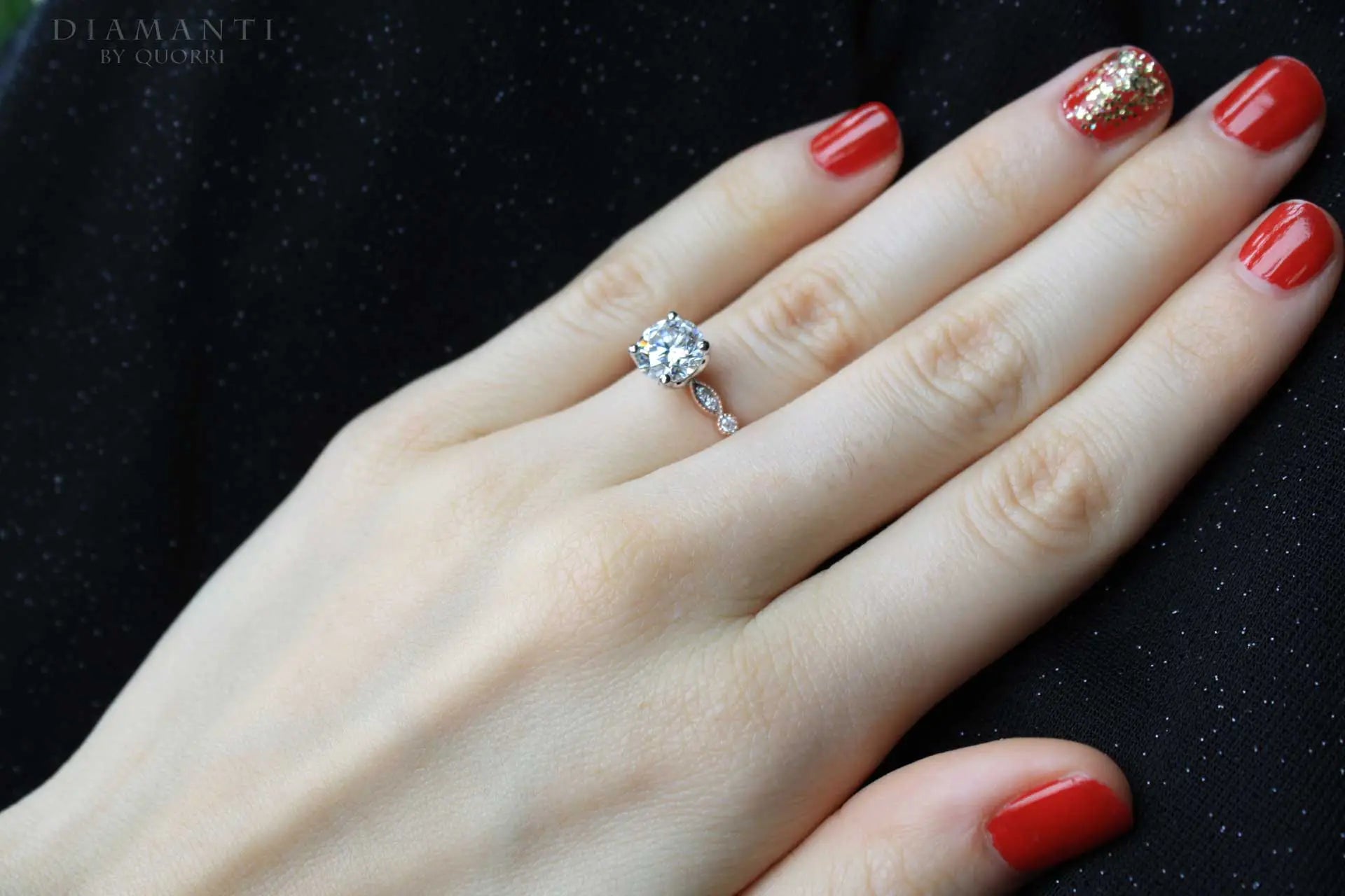 two-tone rose 18k white gold vintage antique petal design 2 carat round lab made diamond engagement ring Quorri
