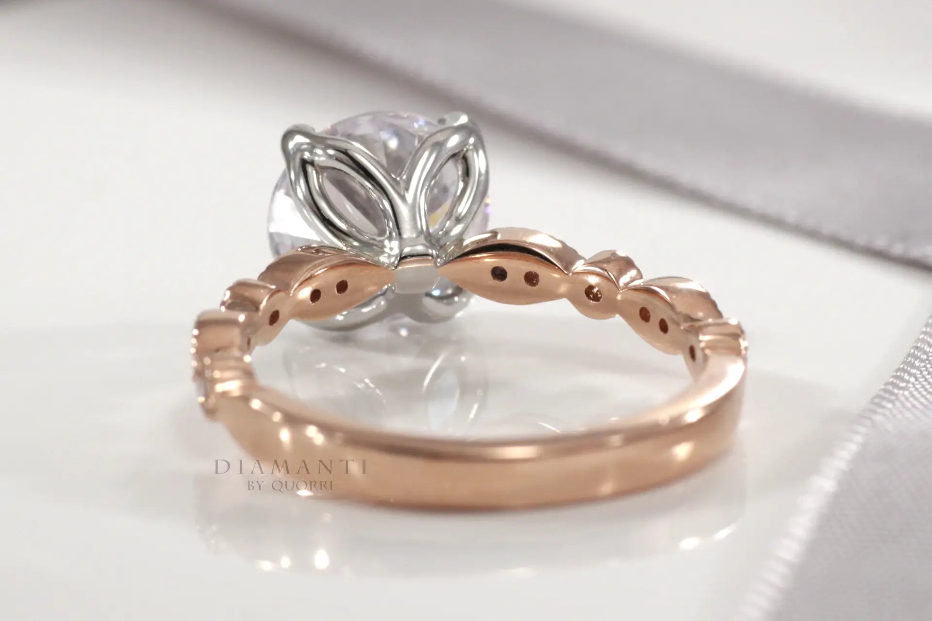 two-tone rose white gold vintage antique petal design 2 carat round lab diamond engagement ring Quorri