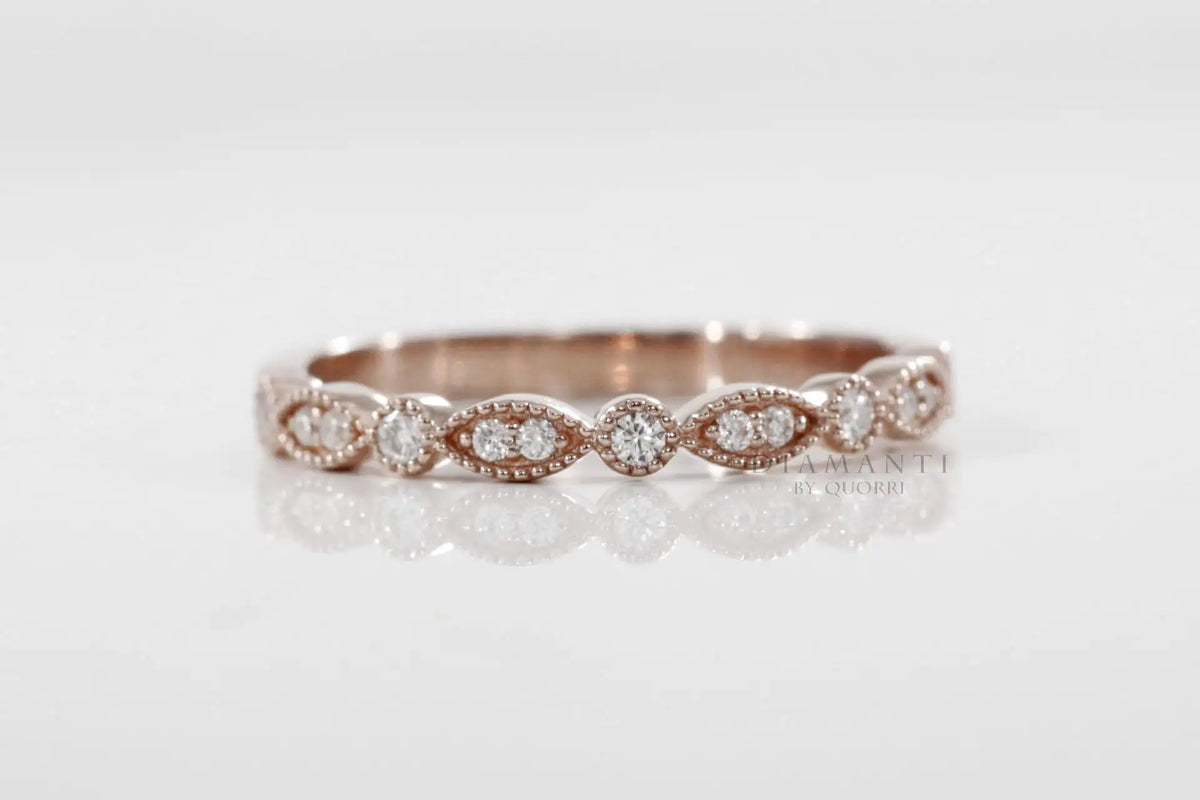 designer Millgrain round and eye shape rose gold diamond wedding band Quorri