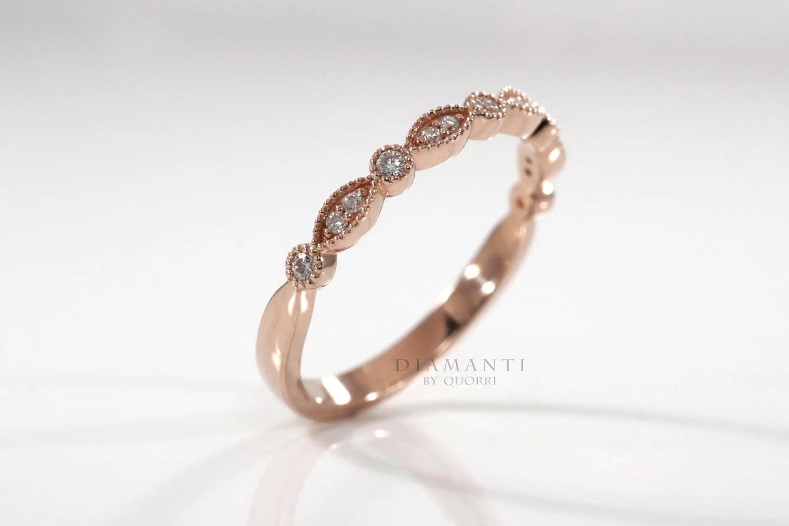 designer Millgrain round and eye shape 14k rose gold lab diamond wedding band Quorri