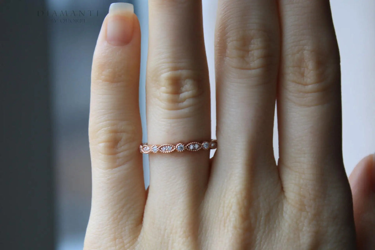 designer Millgrain round and eye shape 14k rose gold diamond wedding band Quorri Canada