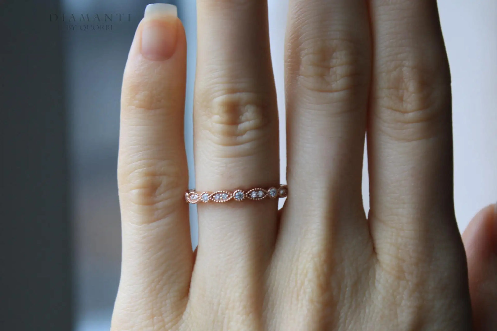 designer Millgrain round and eye shape 14k rose gold diamond wedding band Quorri Canada