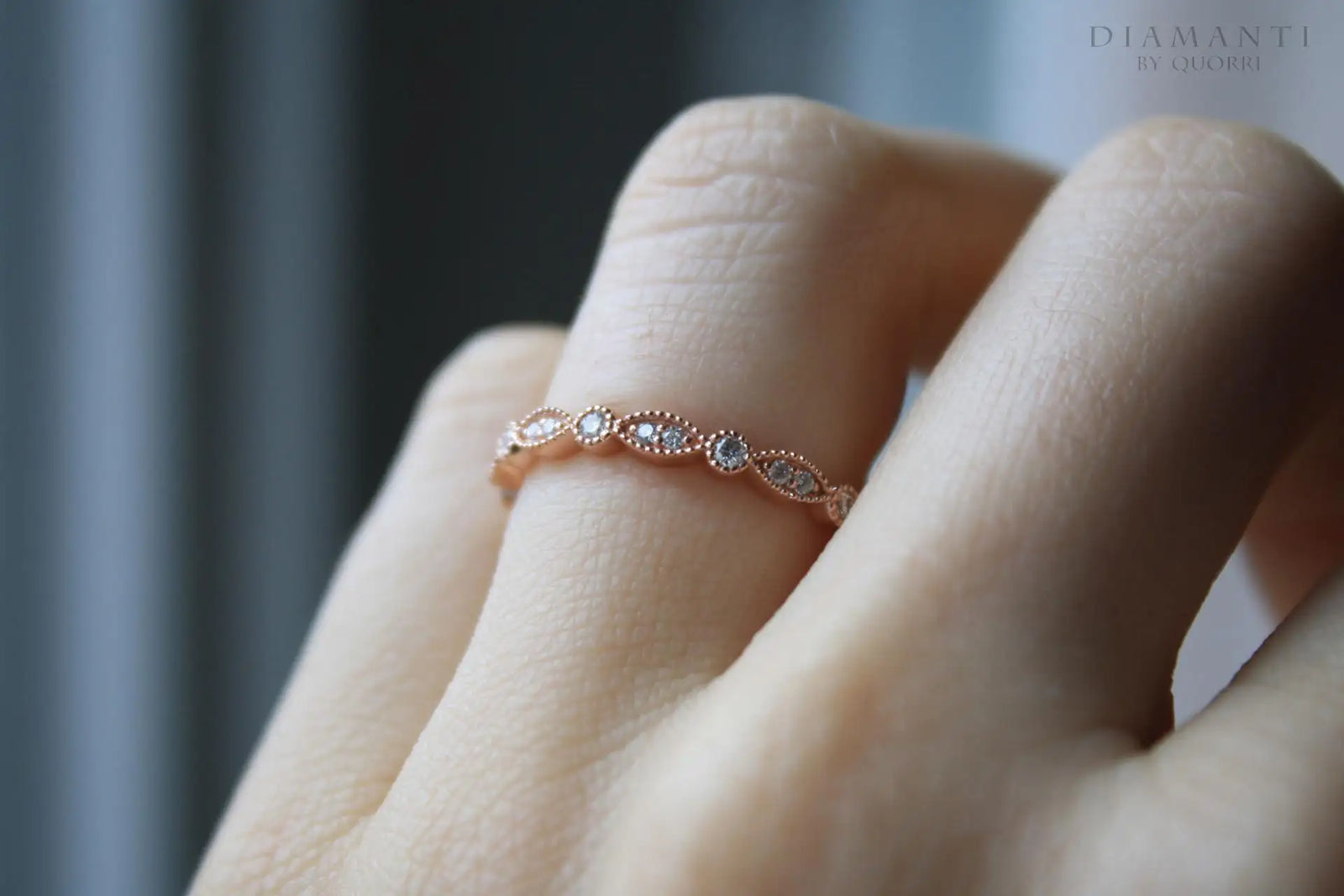 affordable designer Millgrain round and eye shaped rose gold lab grown diamond wedding band Quorri