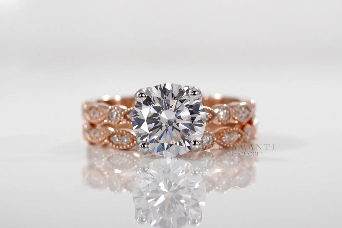3 carat designer Millgrain round and eye shape rose gold lab diamond engagement ring and wedding band set Quorri