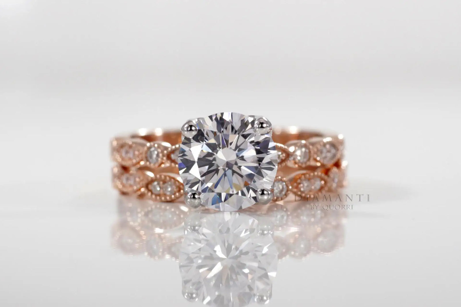 3 carat designer Millgrain round and eye shape rose gold lab diamond engagement ring and wedding band set Quorri