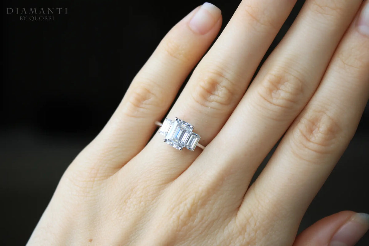 Three Stone Emerald Lab Grown Diamond Engagement Ring
