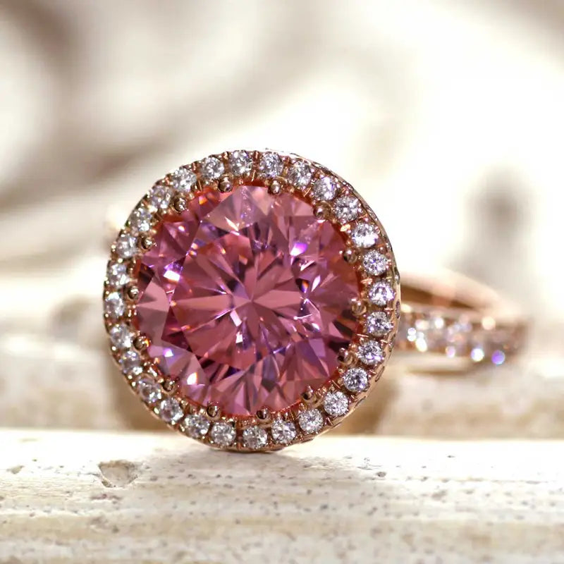 rose gold accented cultured lab grown pink sapphire engagement ring