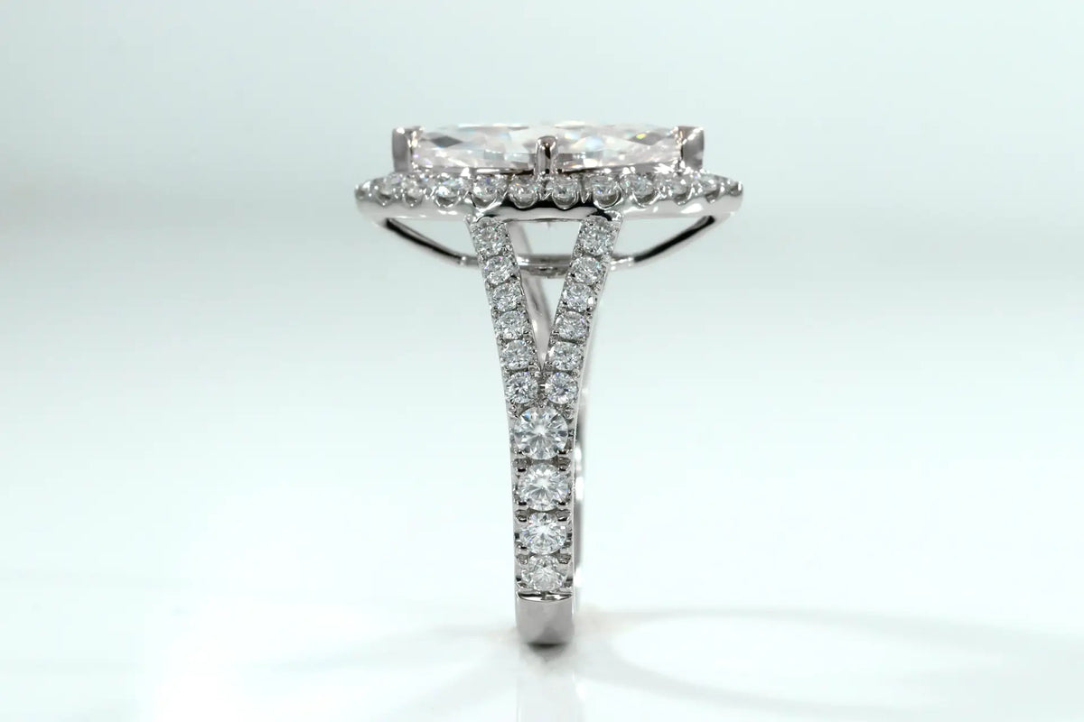 4.00 carat Marquise Certified Lab Grown Diamond Halo Accented Engagement Ring, Split Band in Solid 14k White Gold Quorri 