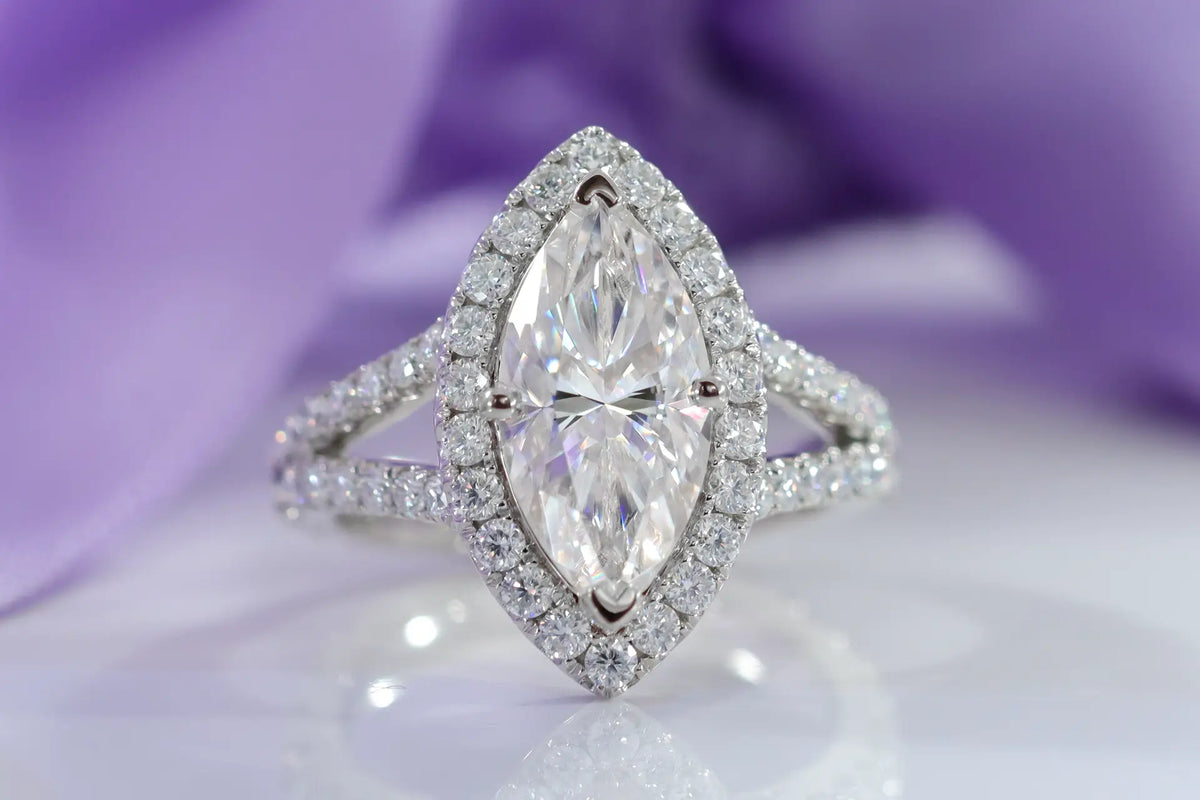 3ct Marquise Certified Lab Diamond Halo Accented Engagement Ring, Split Band in Solid 14k White Gold Quorri 
