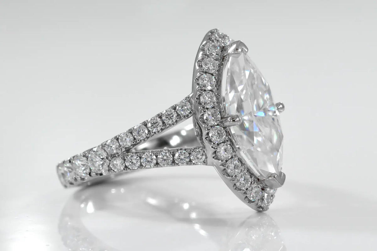 3.50 carat Marquise Certified Lab Diamond Halo Accented Engagement Ring, Split Band in Platinum at Quorri Canada 