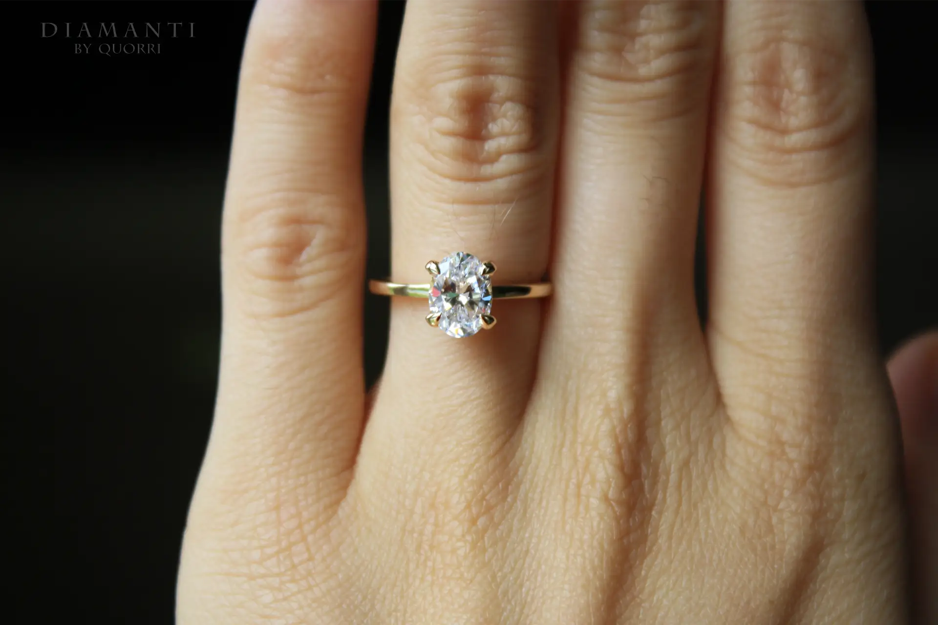 petite 18k yellow gold dual claw 1 carat oval lab grown diamond engagement ring Quorri Canada