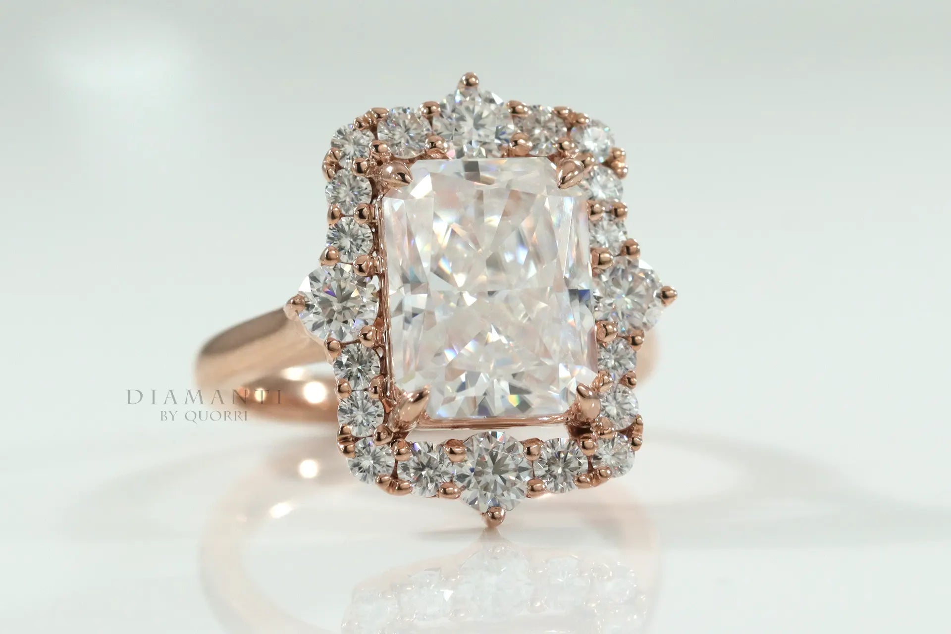 affordable designer vintage rose gold 4.5 carat radiant cut lab diamond halo engagement ring Quorri Canada