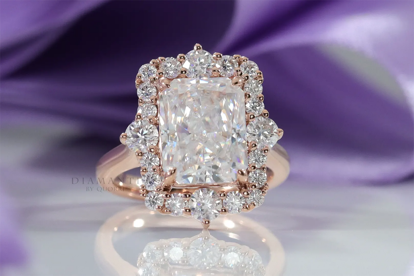 designer vintage rose gold 3 carat radiant cut lab diamond halo engagement ring Quorri Canada