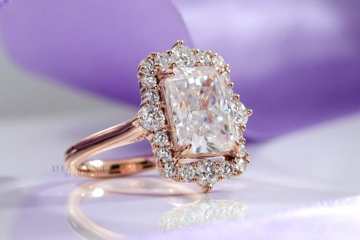 vintage rose gold 4 carat halo radiant cut lab grown diamond engagement ring Quorri Canada