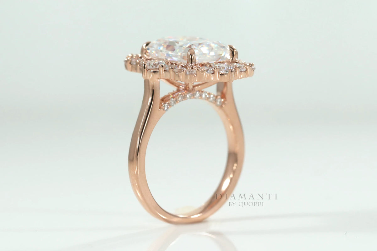 designer vintage antique rose gold 3.5 carat radiant cut lab created diamond halo engagement ring Quorri Canada