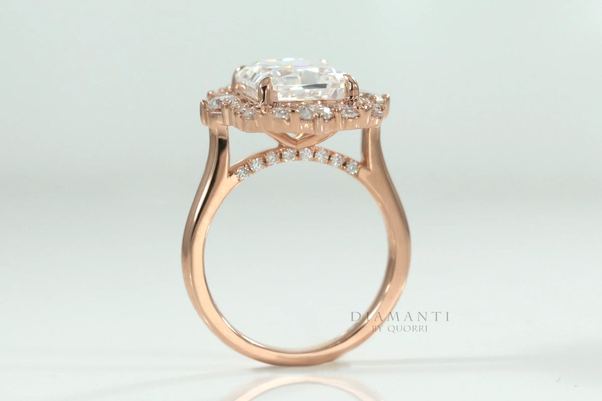 vintage claw prong rose gold 2.5 carat radiant cut lab diamond halo engagement ring Quorri Canada
