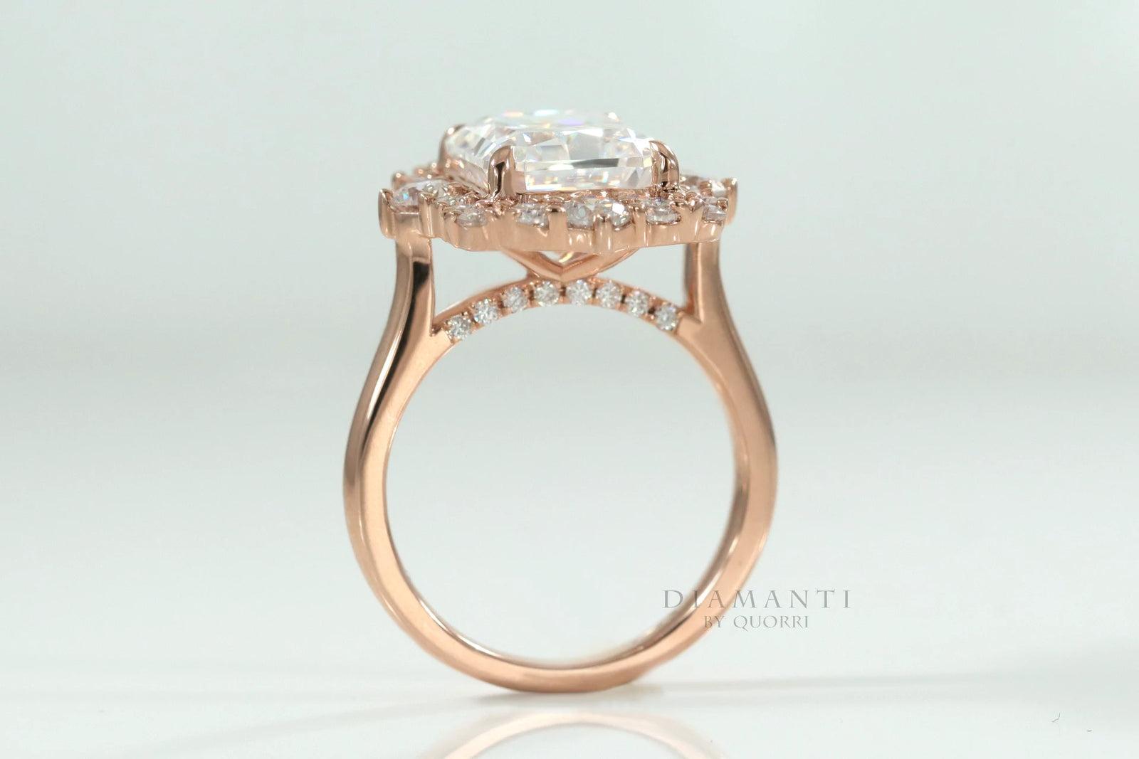 vintage claw prong rose gold 2.5 carat radiant cut lab diamond halo engagement ring Quorri Canada