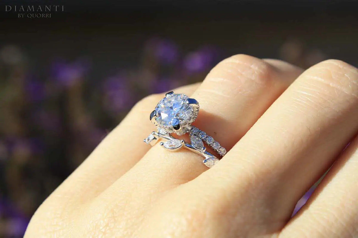 designer 18k white gold leaf design marquise lab diamond wedding band and 3ct ring Quorri
