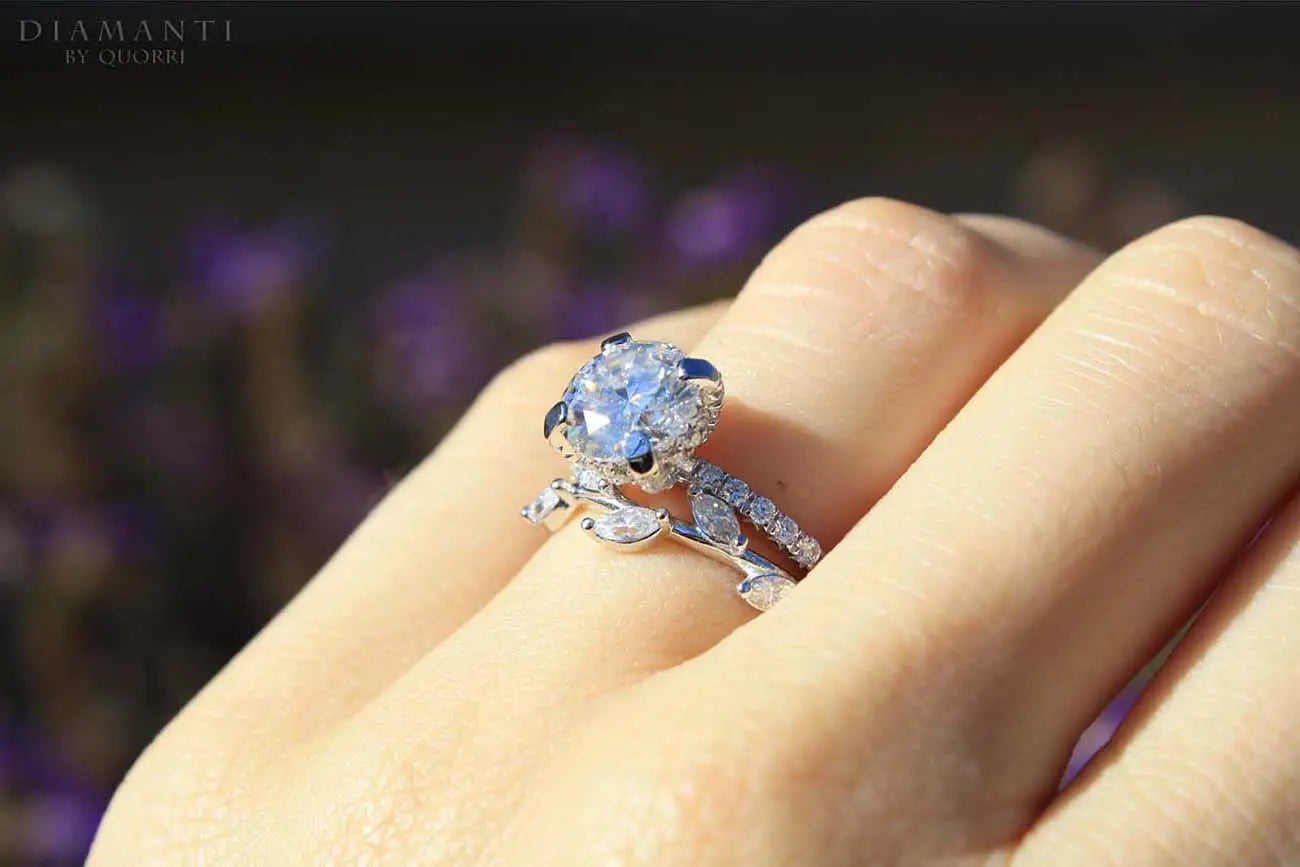 designer 18k white gold leaf design marquise lab diamond wedding band and 3ct ring Quorri